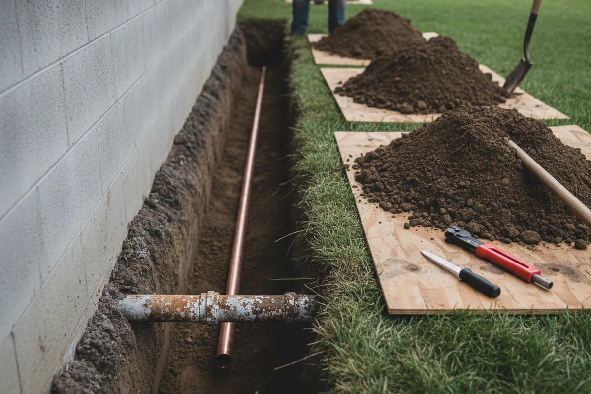 Excavated water line trench during Sewer Line Repair in Alta Vista